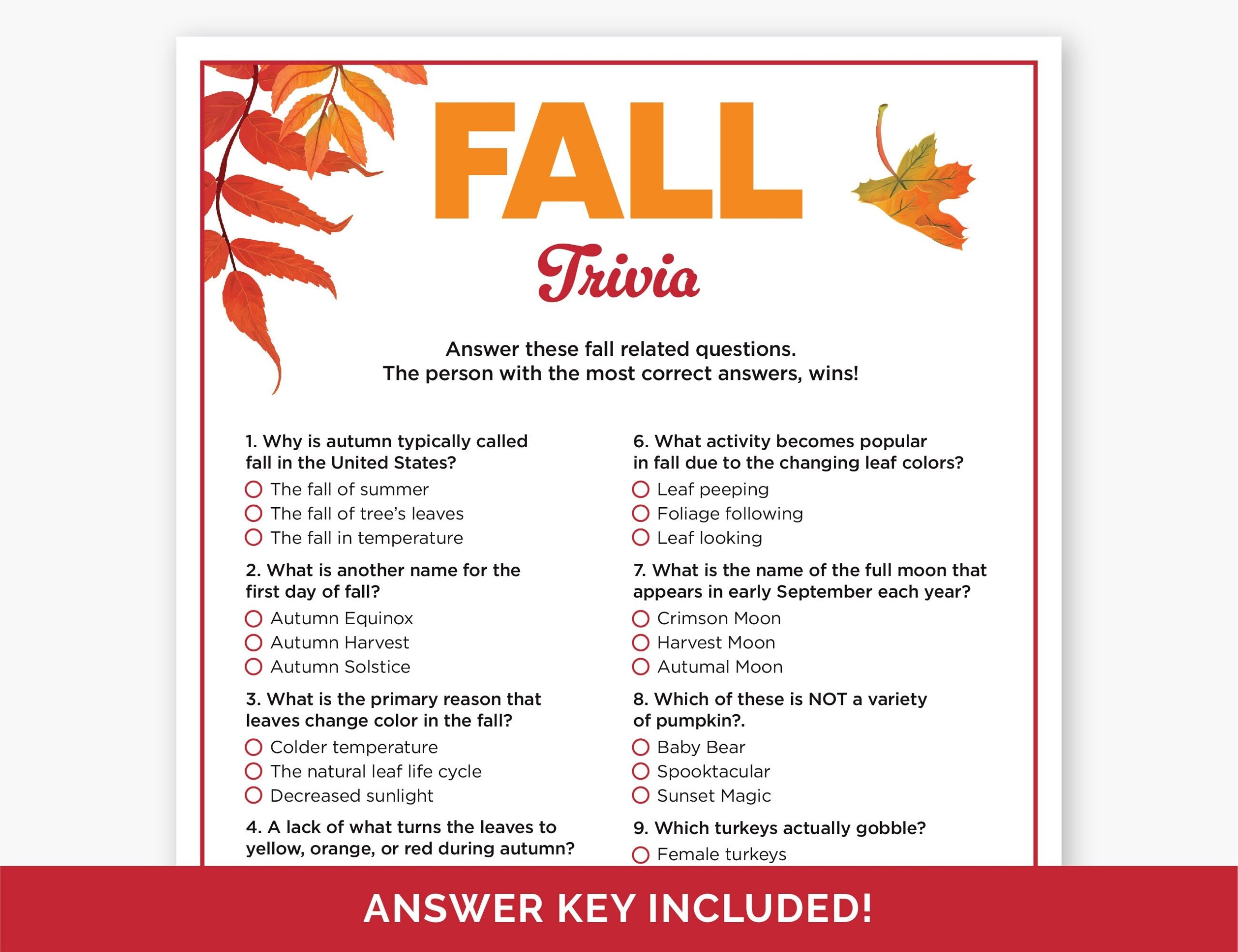 Fall Trivia Game Printable Autumn Quiz For Adults Teens And Kids Fall Activity For The Classroom Or Homeschooling Fall Office Party Game Etsy