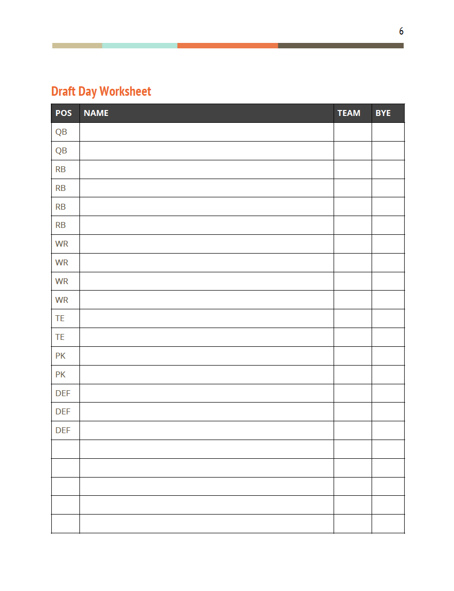 Printable Draft Sheets Fantasy Football