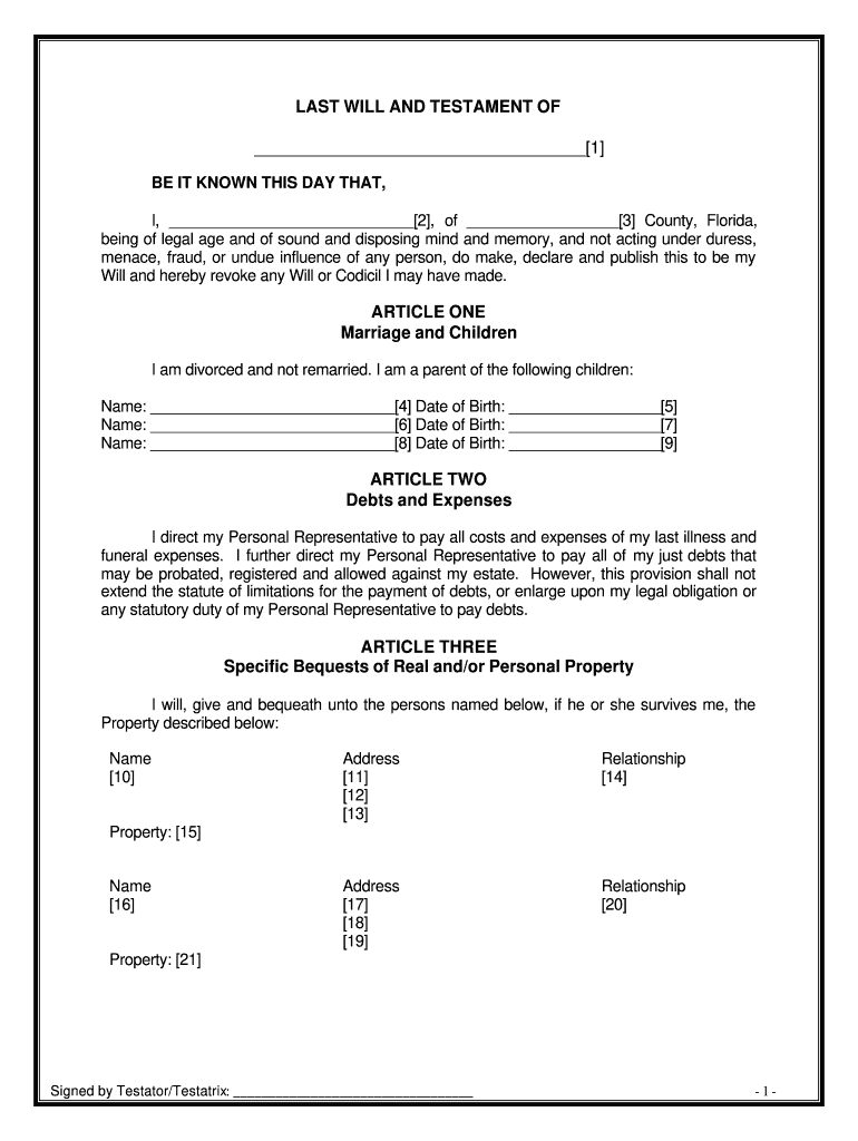 Florida Last Will And Testament Example Fill Online Printable Fillable Blank PdfFiller