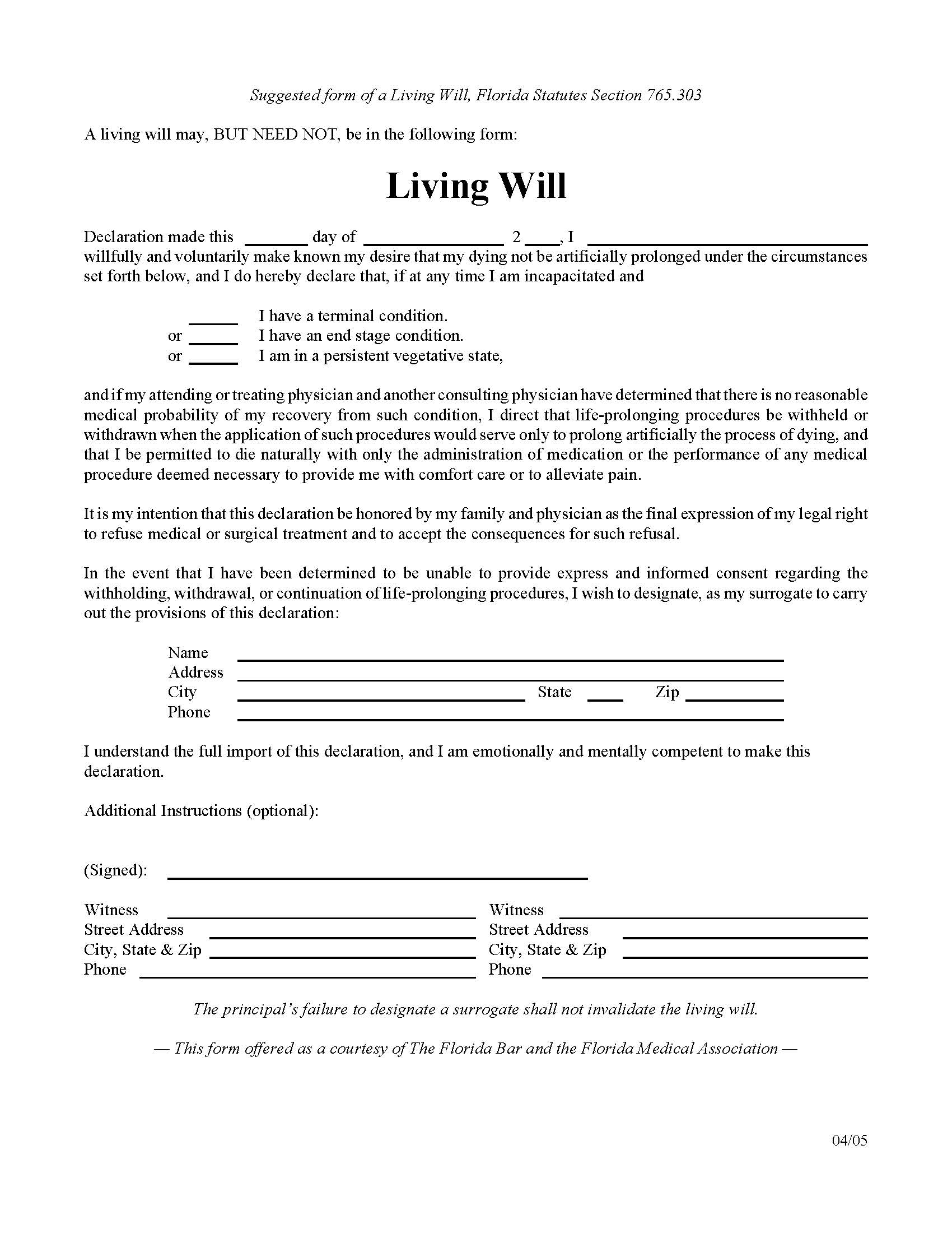 Free Printable Florida Last Will And Testament Form