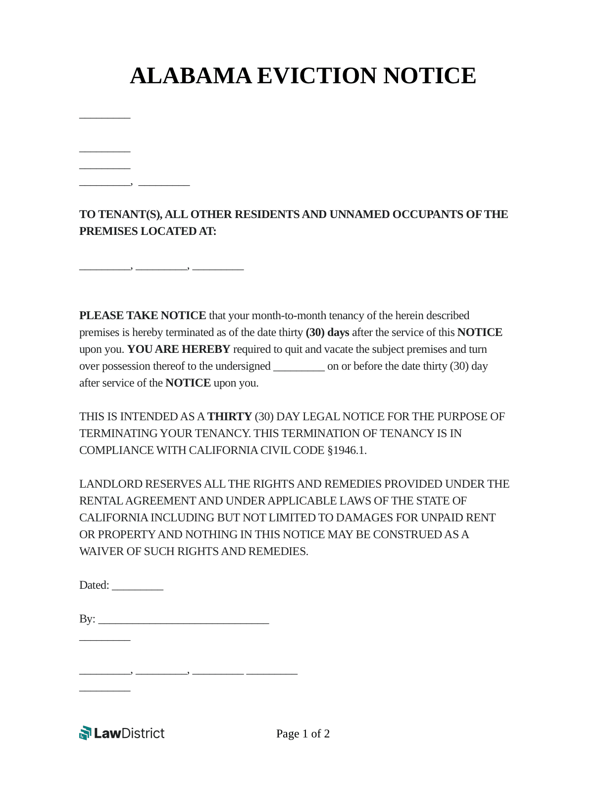 Free Alabama Eviction Notice Law Process LawDistrict