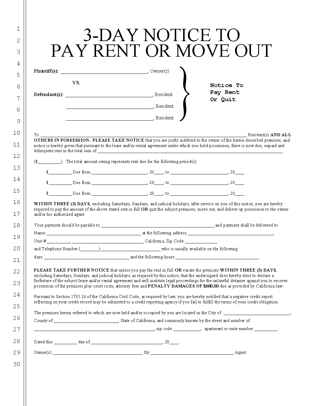 Printable 3 Day Eviction Notice