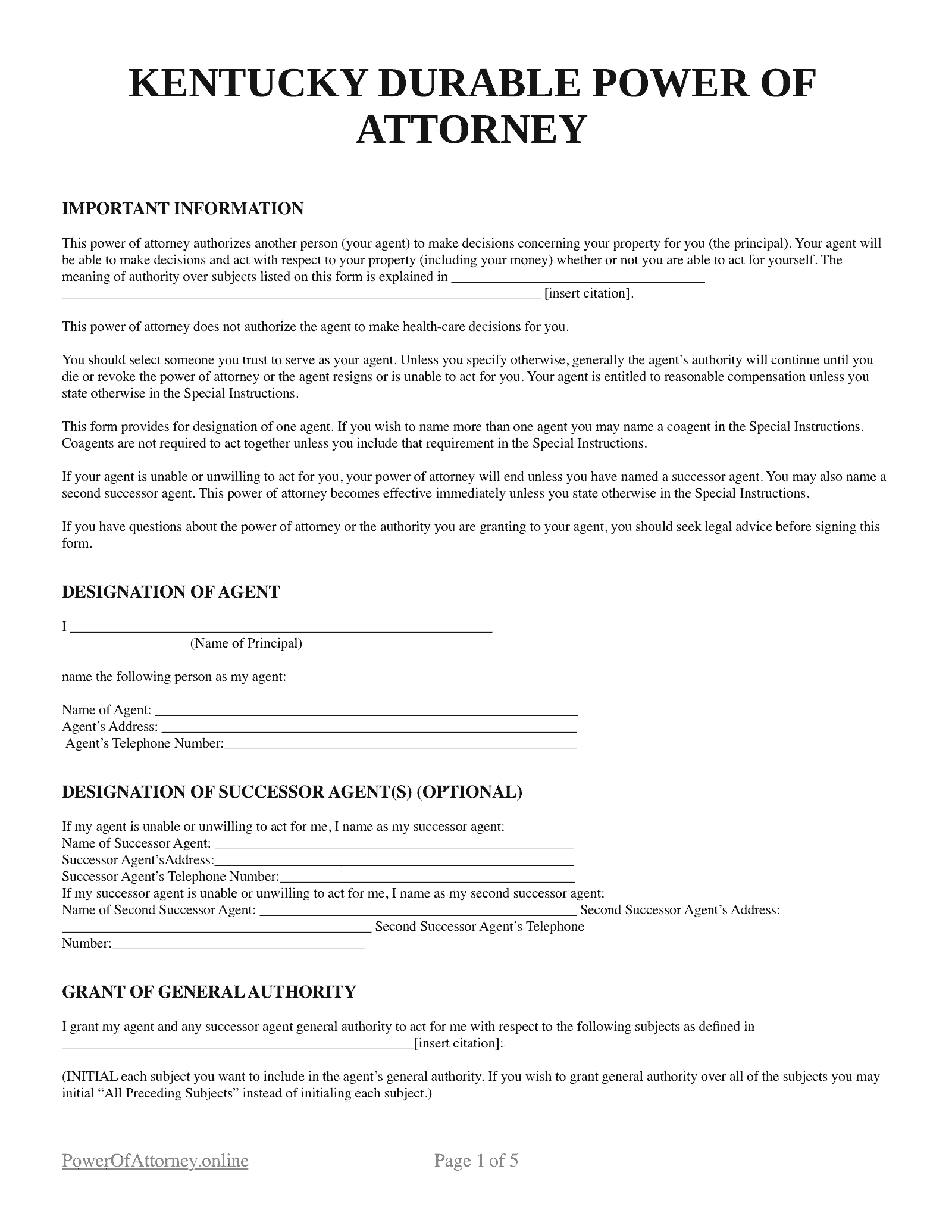 Free Kentucky KY Power Of Attorney Forms Templates PDF