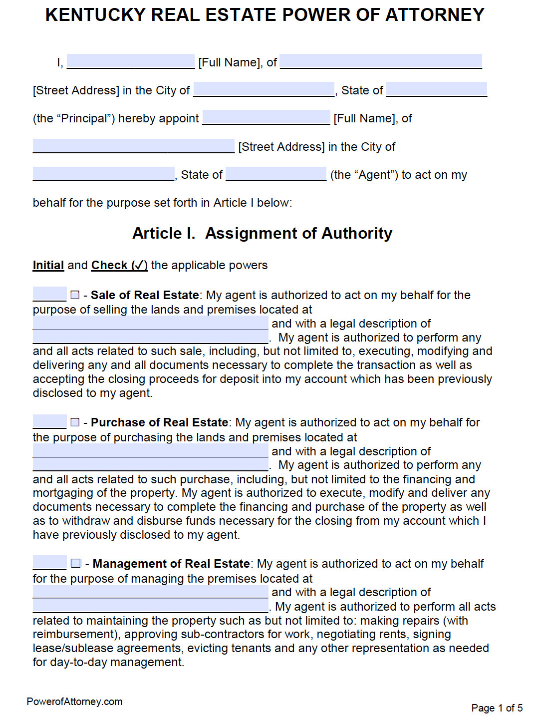 Free Kentucky Power Of Attorney Forms PDF Templates