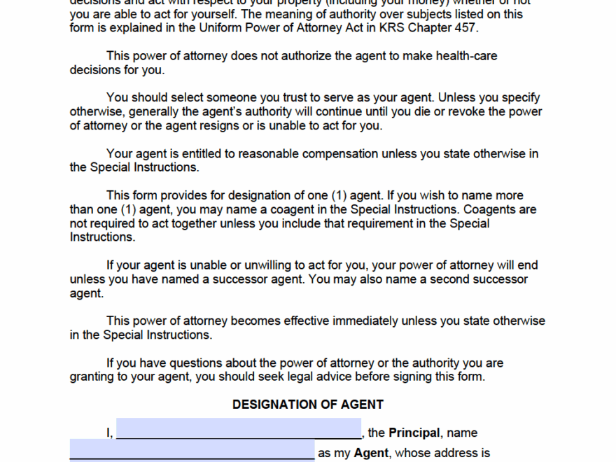 Free Kentucky Power Of Attorney Forms PDF Word