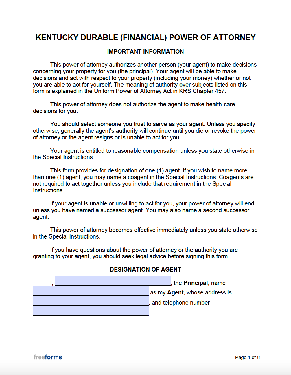 Free Kentucky Power Of Attorney Forms PDF Word