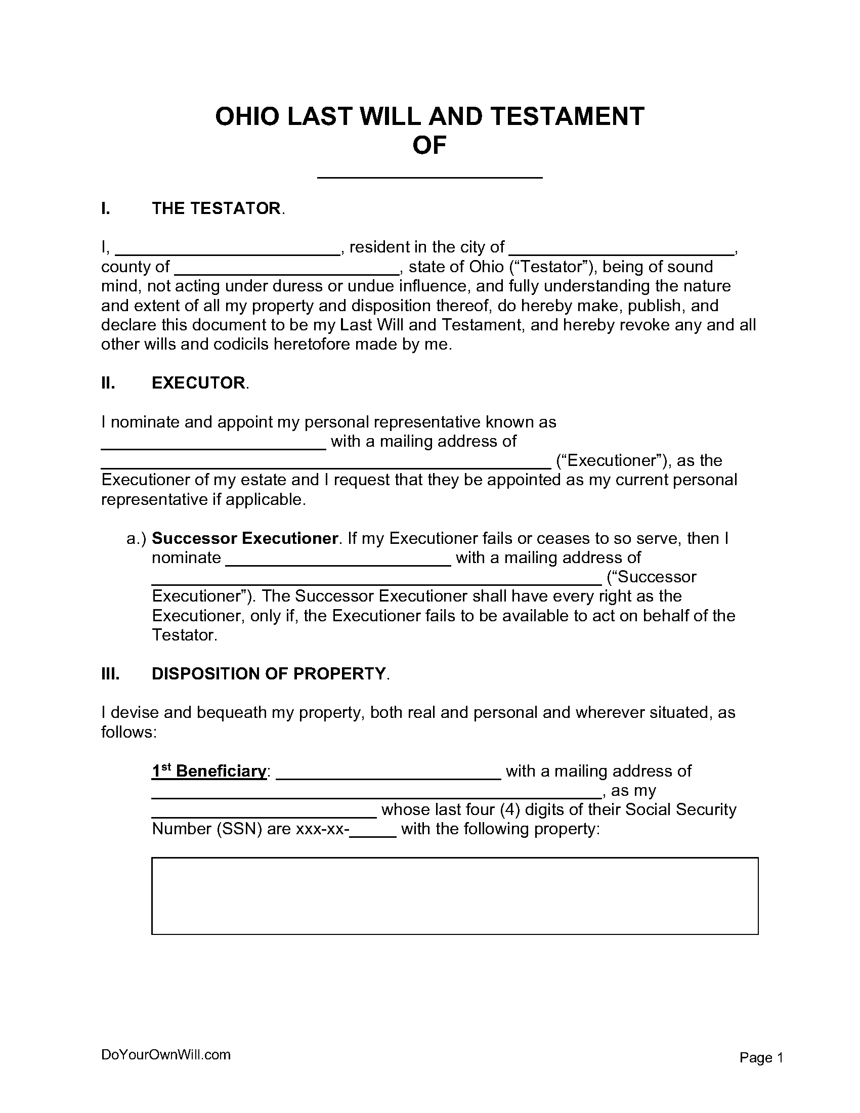 Free Ohio Last Will And Testament Form PDF WORD ODT