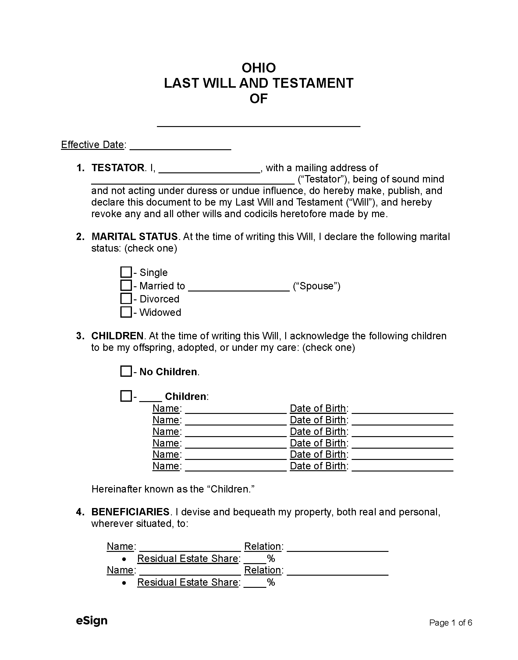 Free Ohio Last Will And Testament Template PDF Word