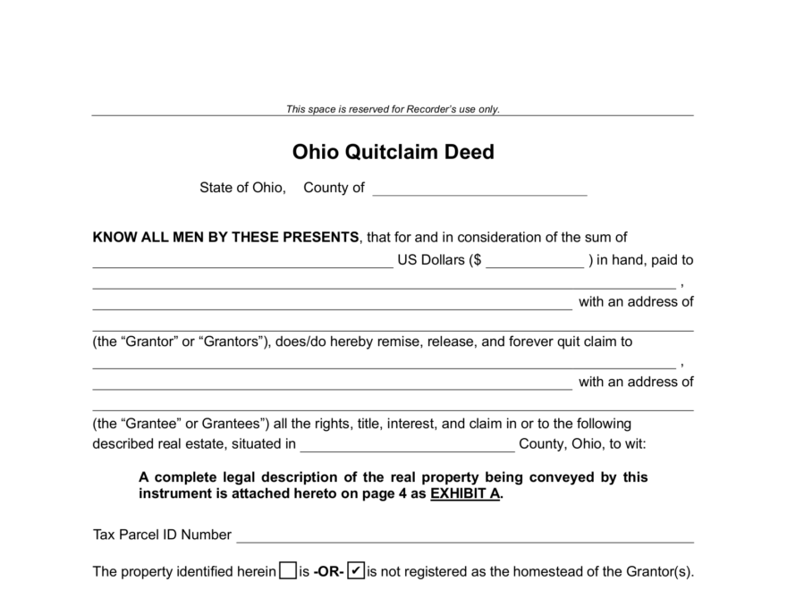 Free Ohio Quit Claim Deed Form PDF Word EForms