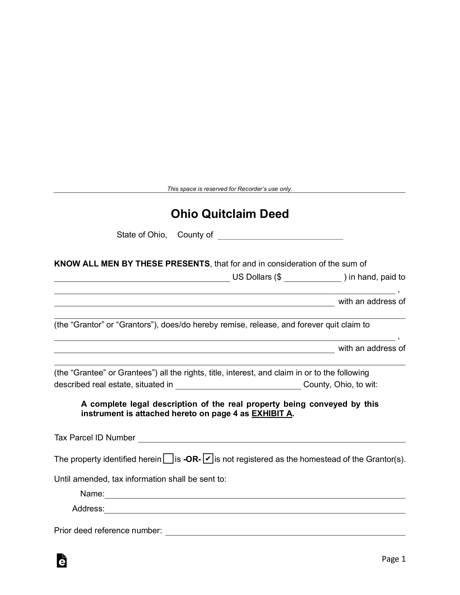Free Ohio Quit Claim Deed Form PDF Word EForms