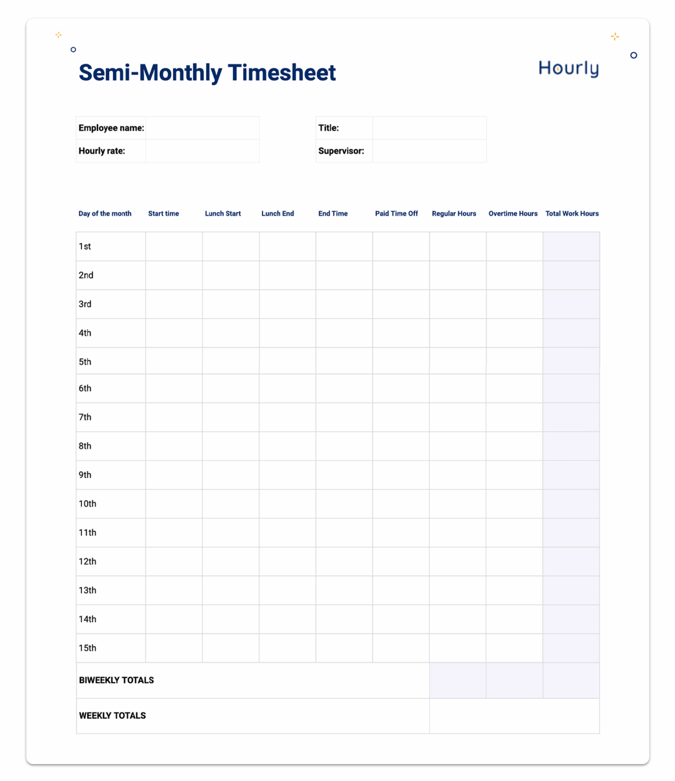 Free Printable Monthly Timesheet Template