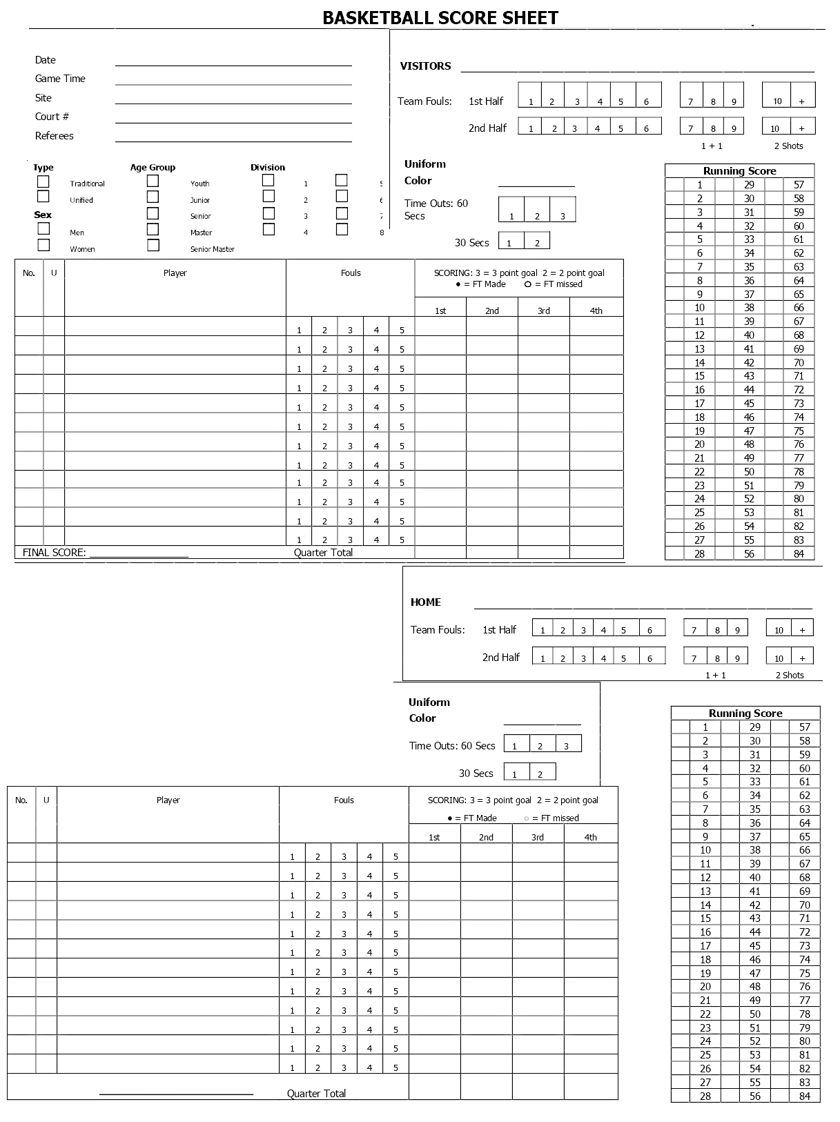 Free Printable Basketball Score Sheet Template