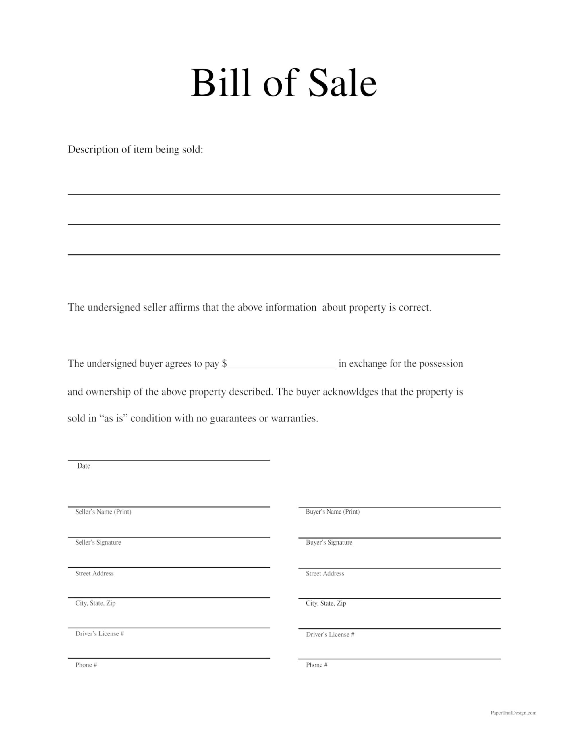Generic Bill Of Sale Printable