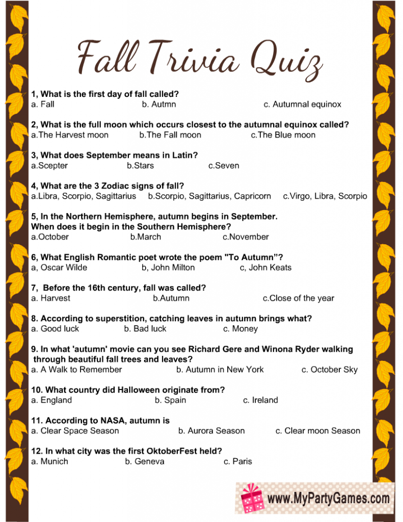 Free Printable Fall Trivia Quiz With Answer Key Worksheets Library