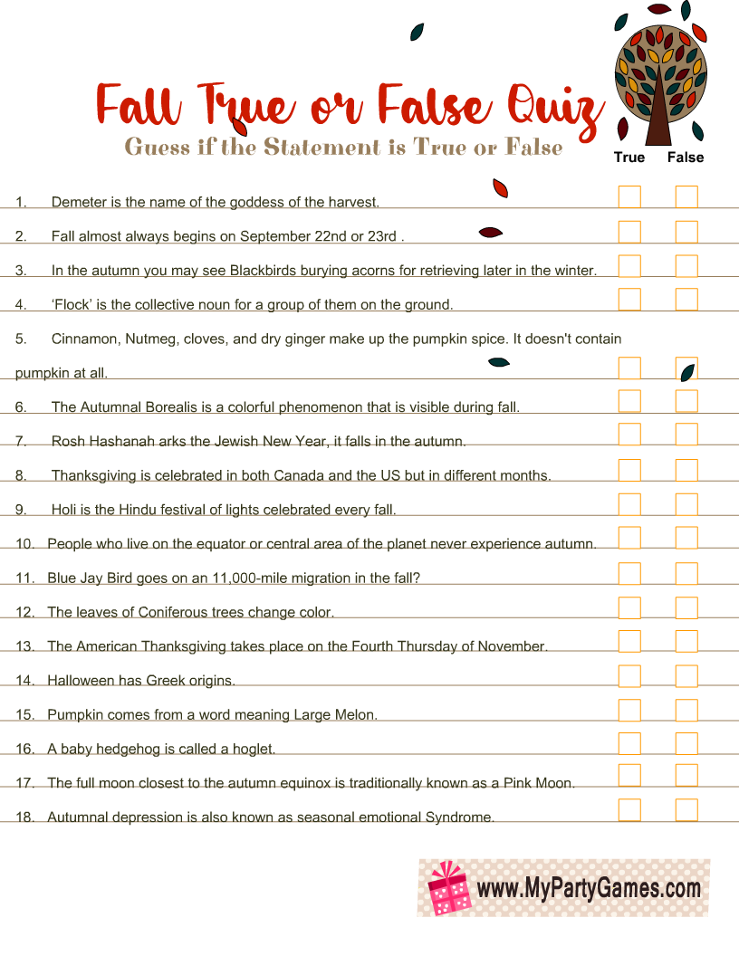 Autumn Trivia For Seniors Printable