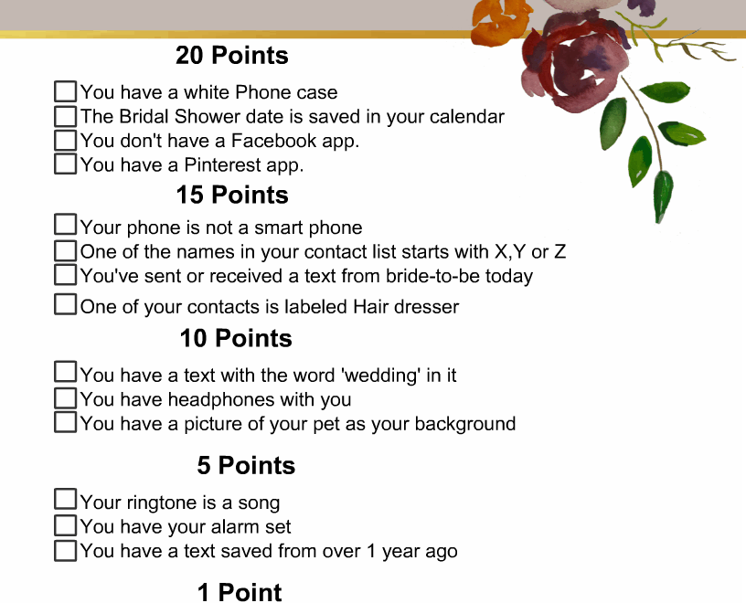 Free Printable What s In Your Phone Bridal Shower Game