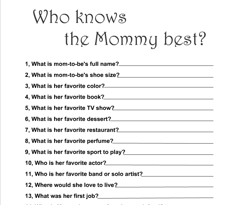 Free Printable Who Know The Mommy Best Baby Shower Game