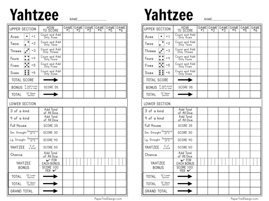 Free Printable Yahtzee Score Card Paper Trail Design