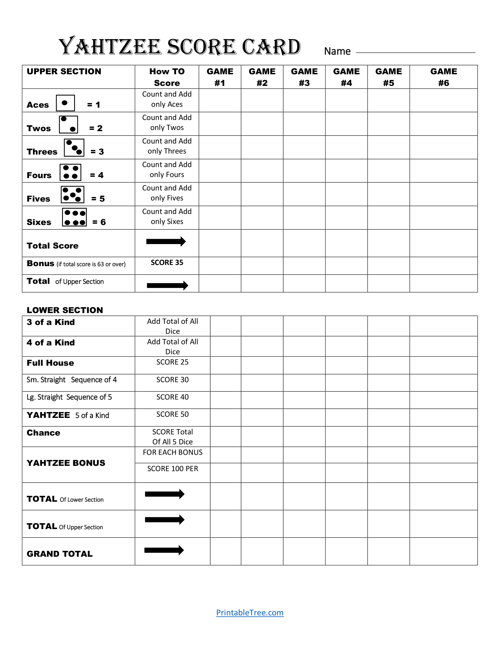 Yardzee Score Card Printable Free