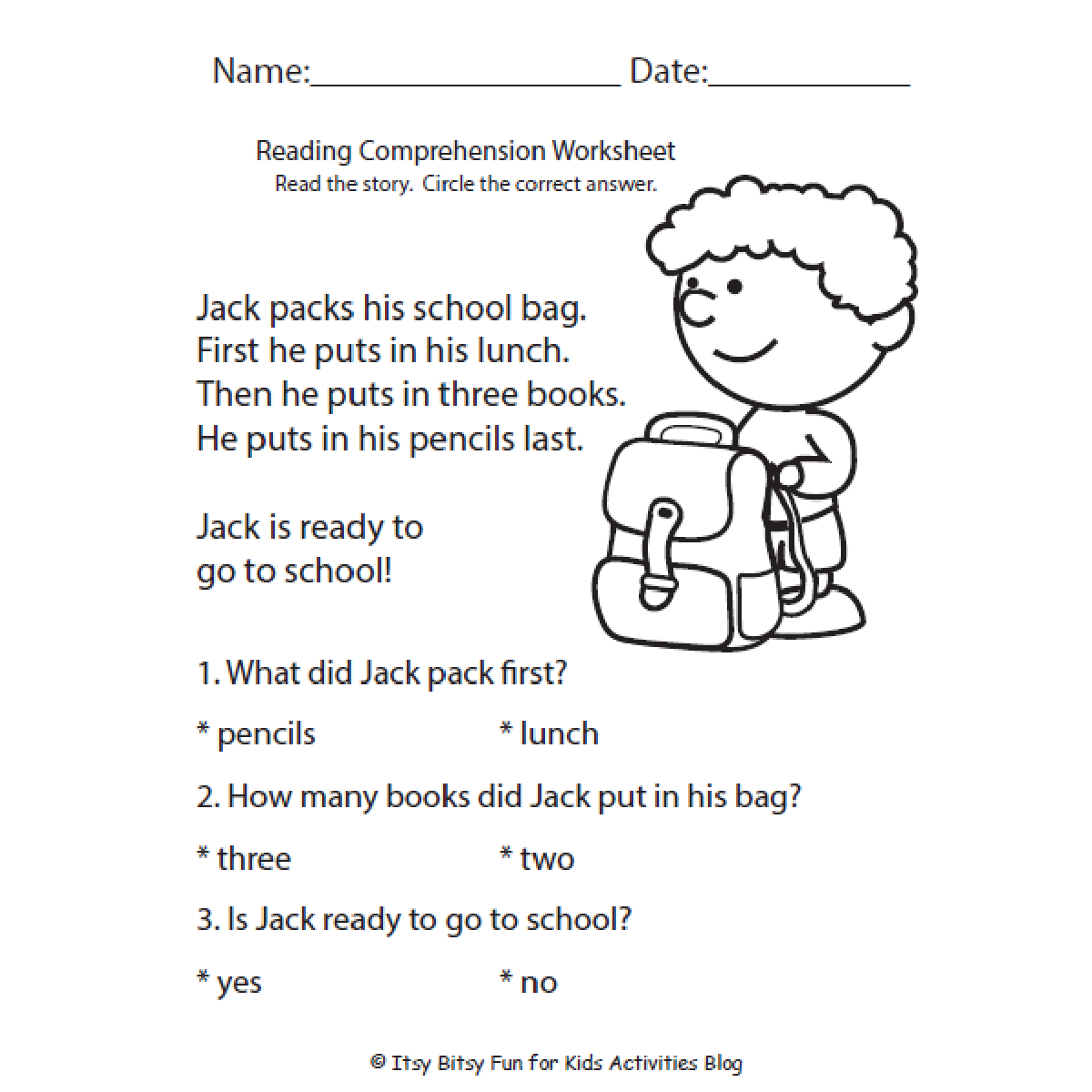 Free Reading Comprehension Worksheets For Back To School Kindergarten 1st Grade Kids Activities Blog
