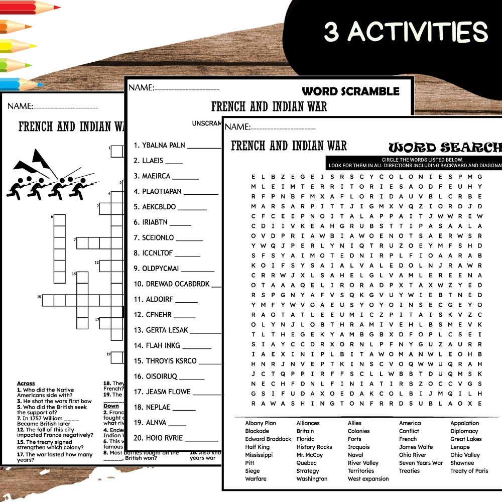 French And Indian War Seven Years War WORKSHEETS Word Scramble Crossword Wordsearch Made By Teachers