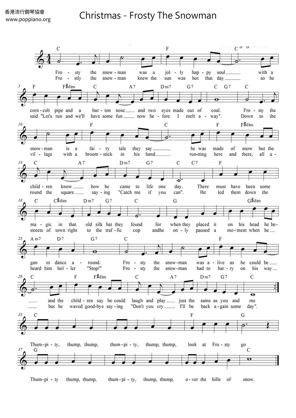 Frosty The Snowman Sheet Music Free Printable