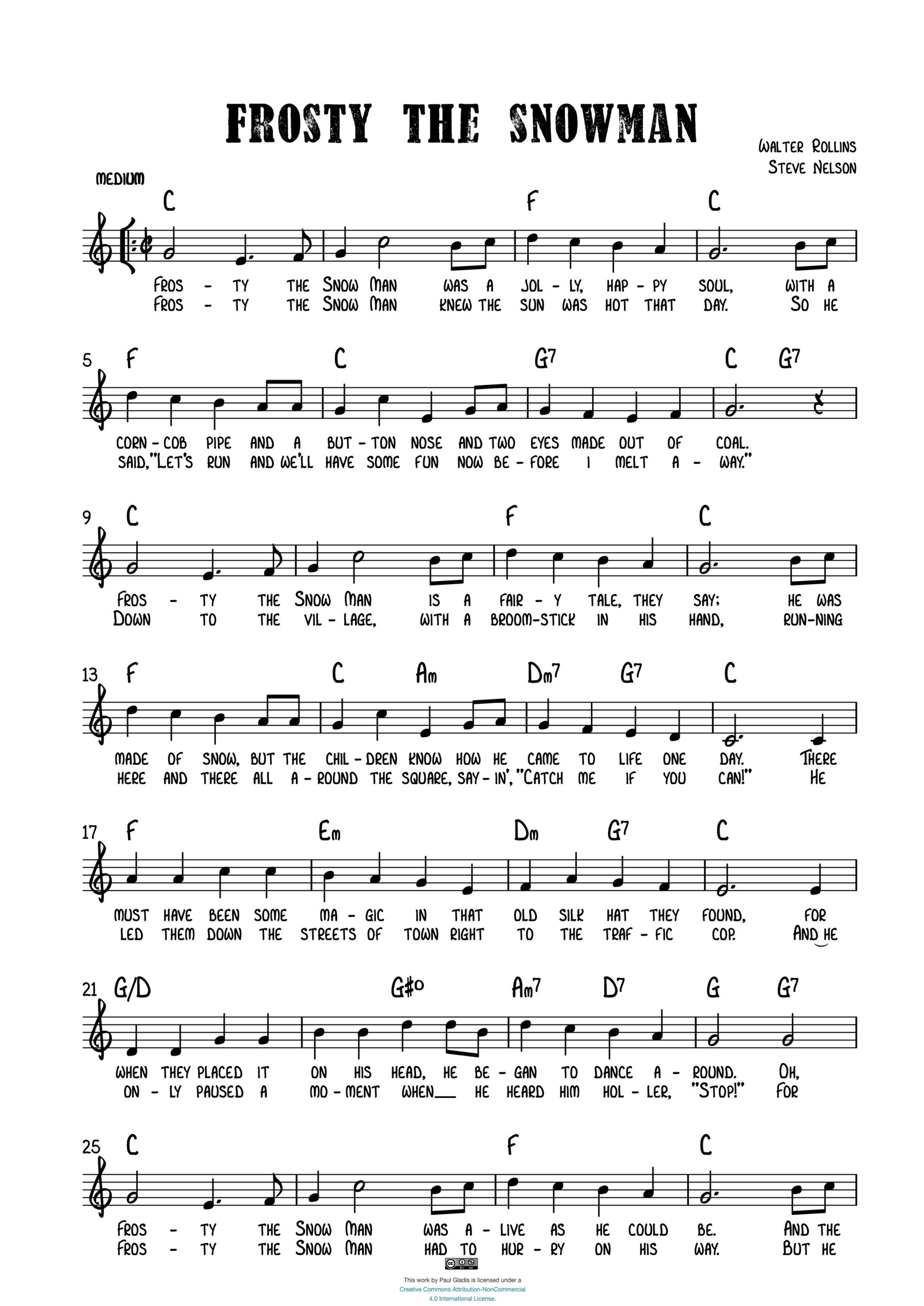 Frosty The Snowman Sheet Music Transcriptions By Paul Gladis