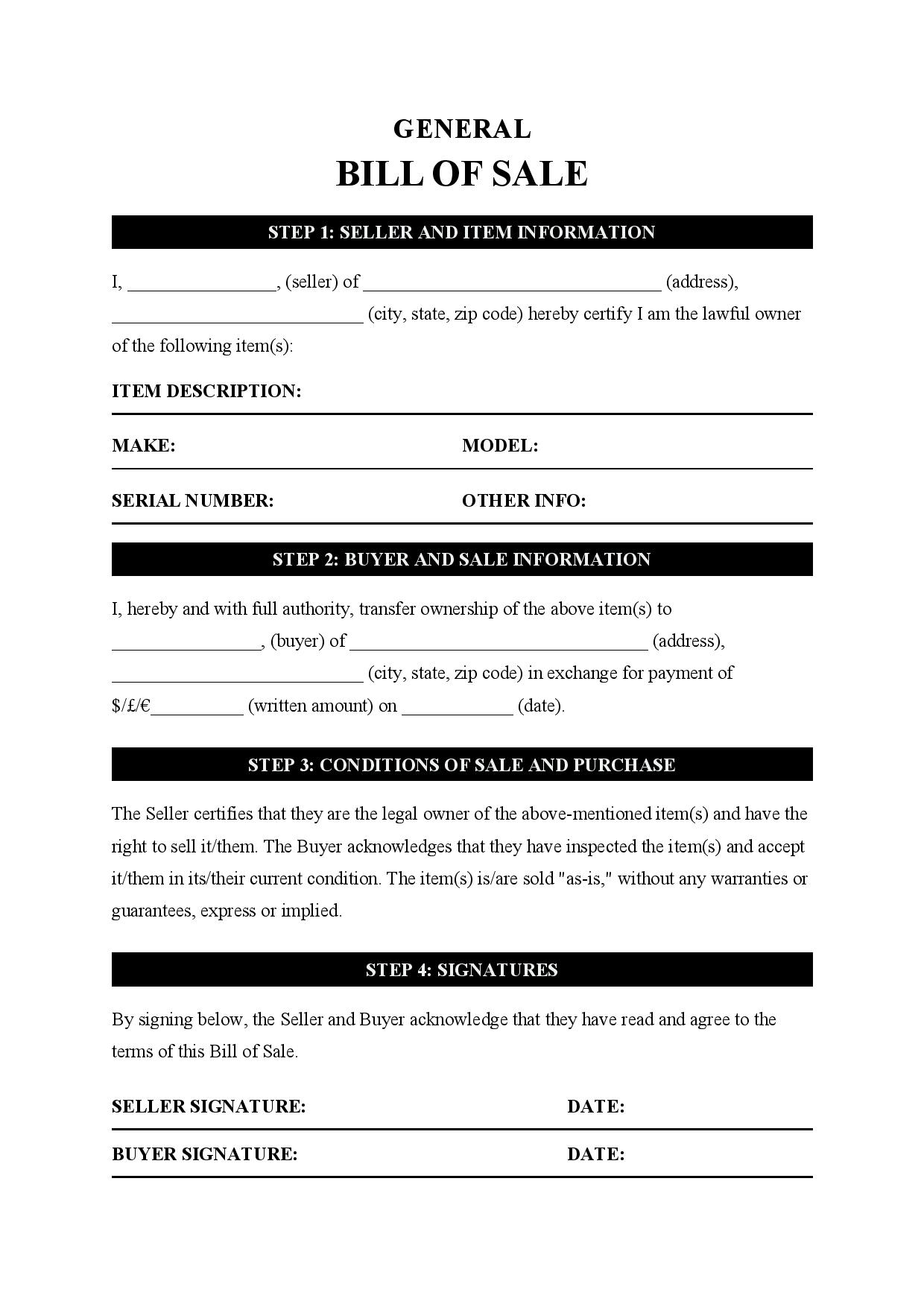 Free Printable Bill Of Sale Form