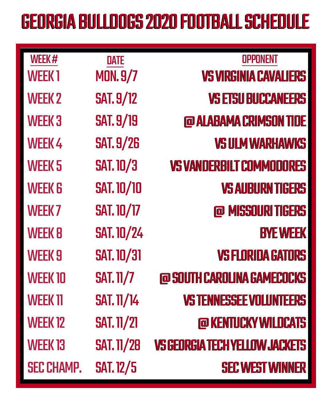 Georgia Bulldogs 2020 2025 Schedule