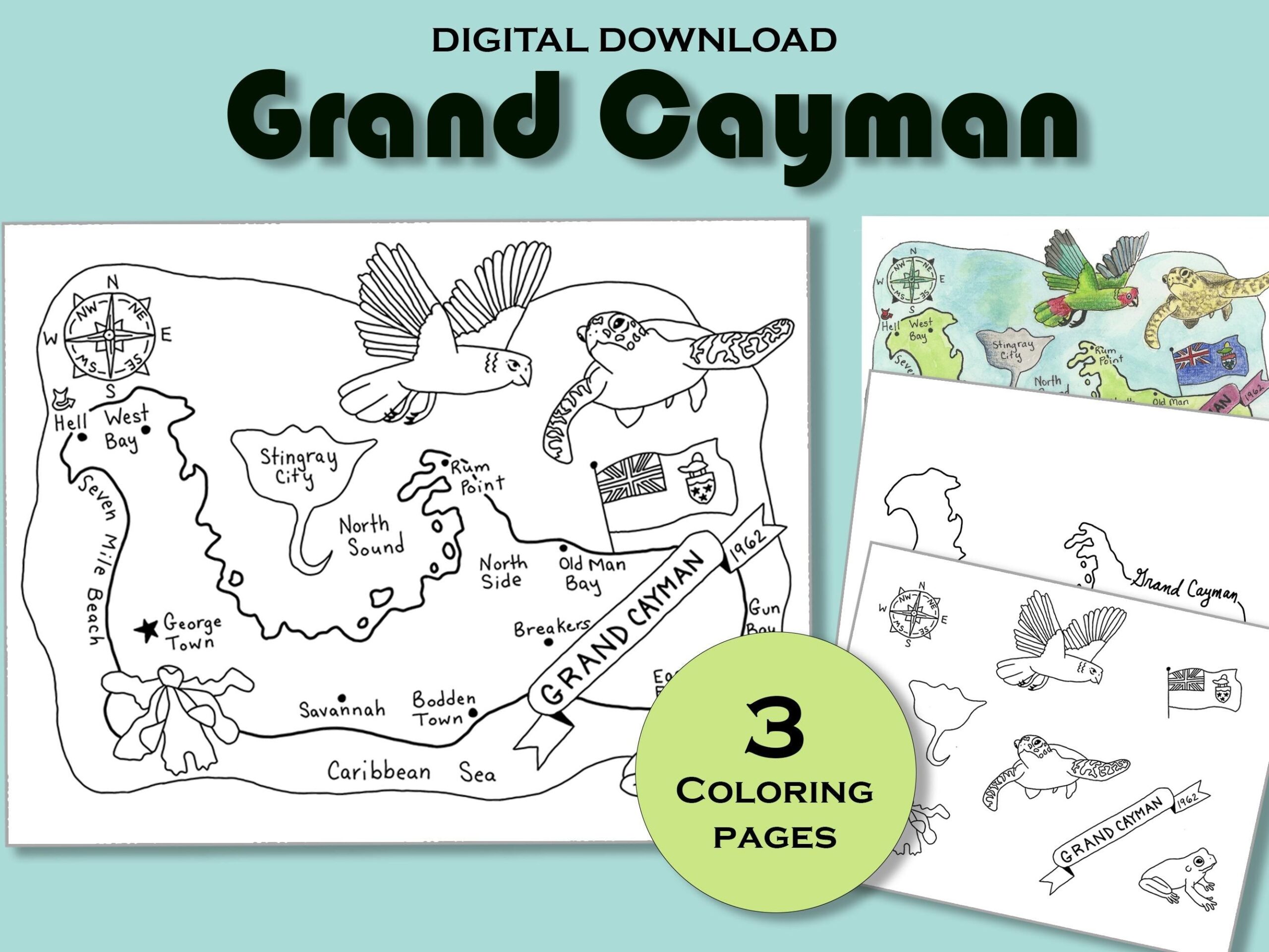 Grand Cayman Coloring Page Printable Country Map Worksheet Travel Poster Print Education Packet Caribbean Geography Kids Activity Book Etsy