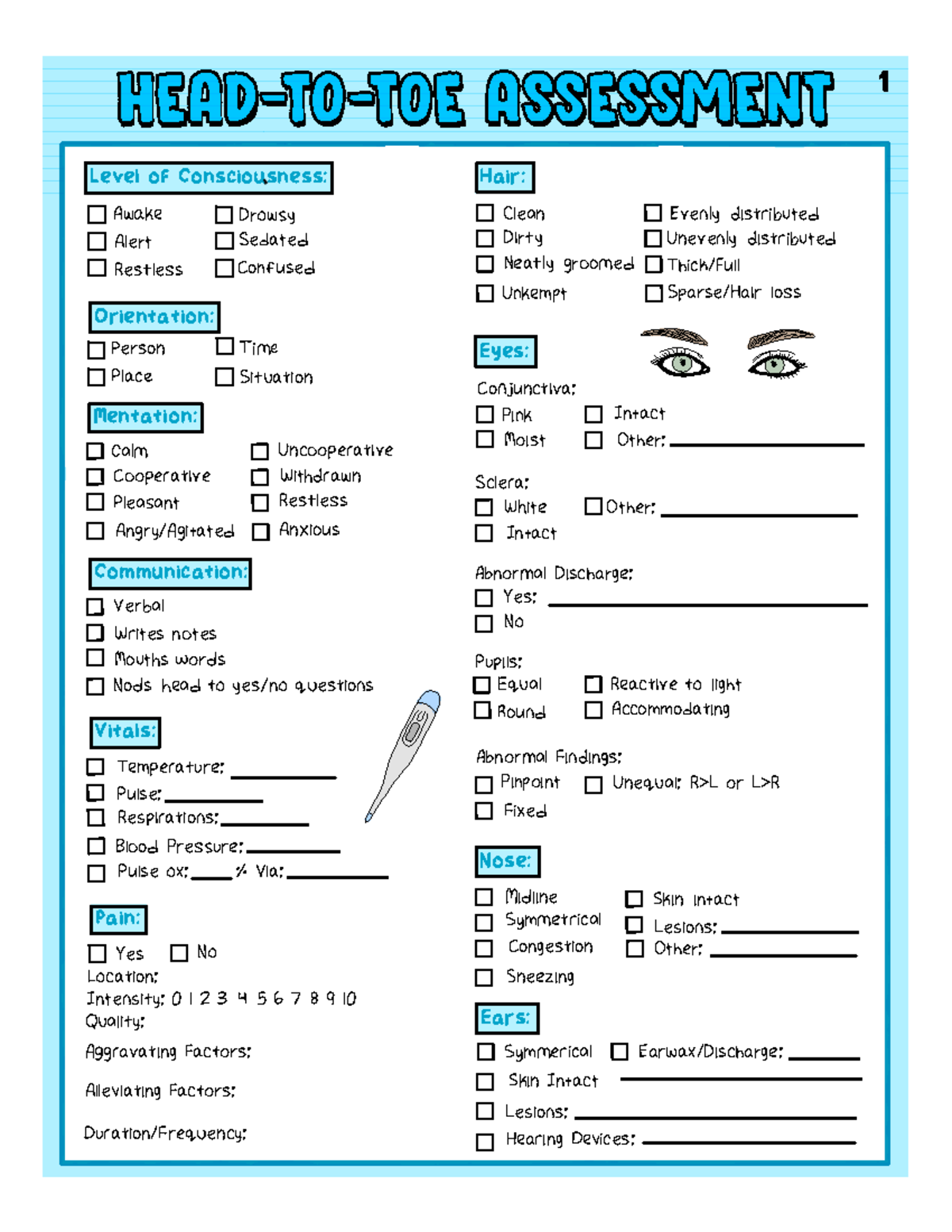 Printable Head To Toe Assessment Form