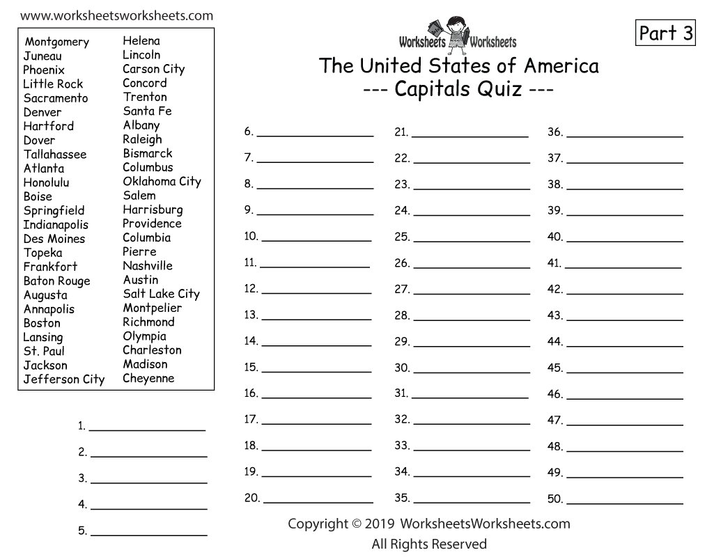 States And Capitals Quiz Printable