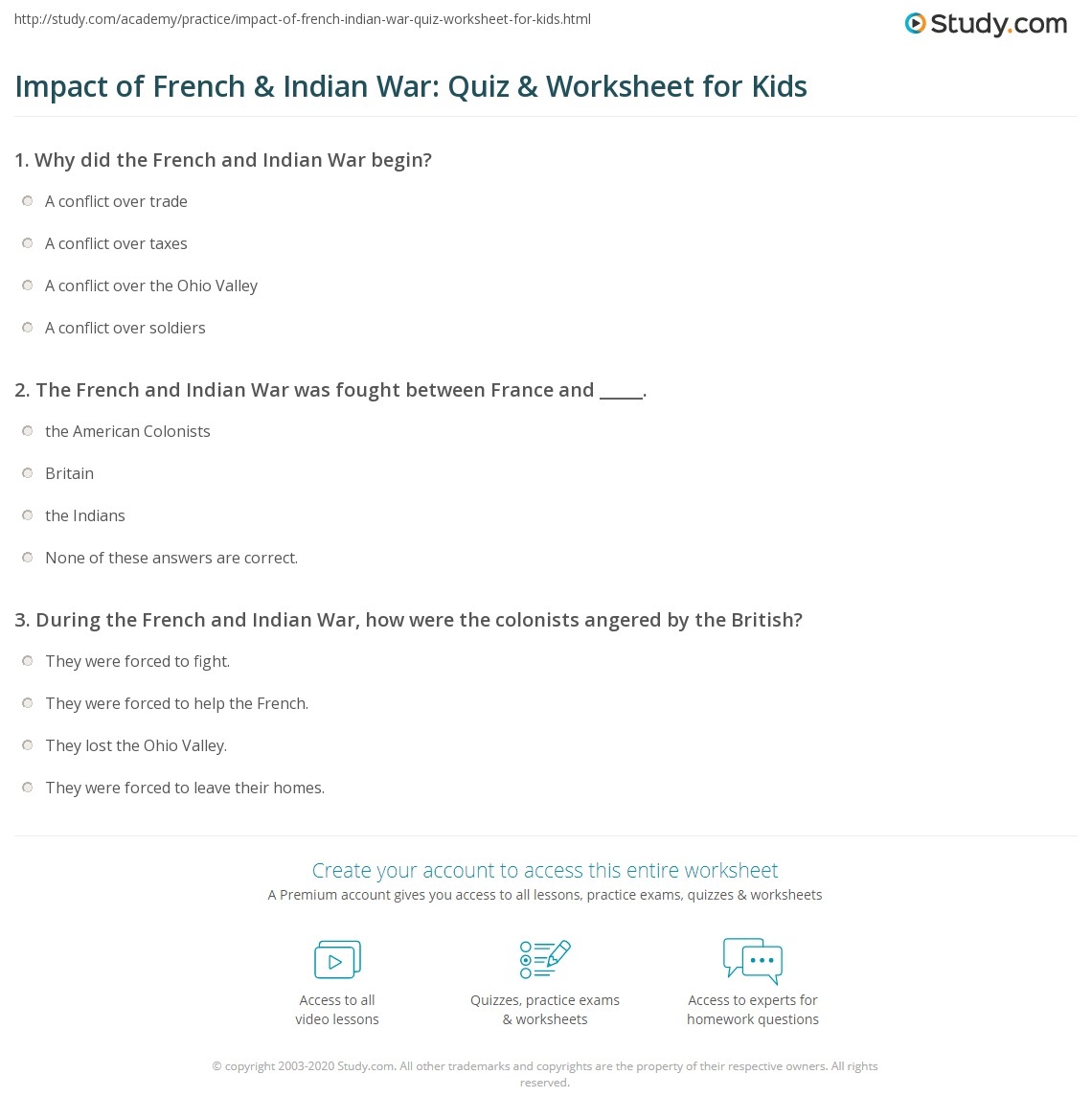 French And Indian War Printable Worksheets