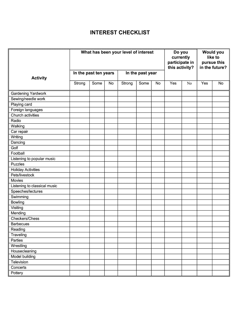 Interest Checklist Fill Online Printable Fillable Blank PdfFiller