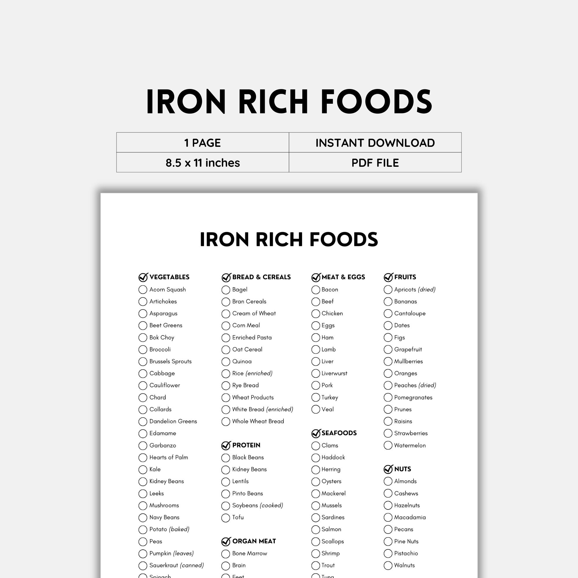 Iron Rich Food Iron Deficiency Food Foods High In Iron Grocery List Shopping List Food List Food Guide List Printable PDF Download Etsy