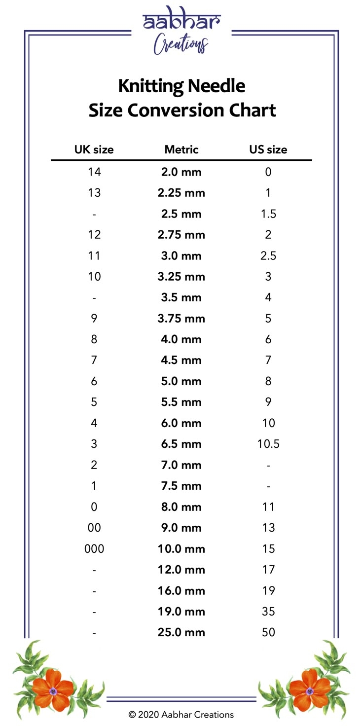 Knitting Needle Size Chart Printable