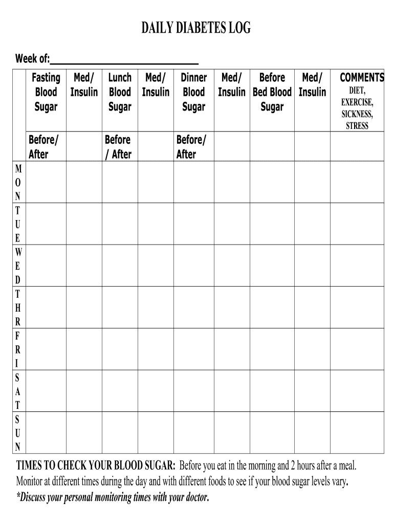 Printable Monthly Blood Sugar Log