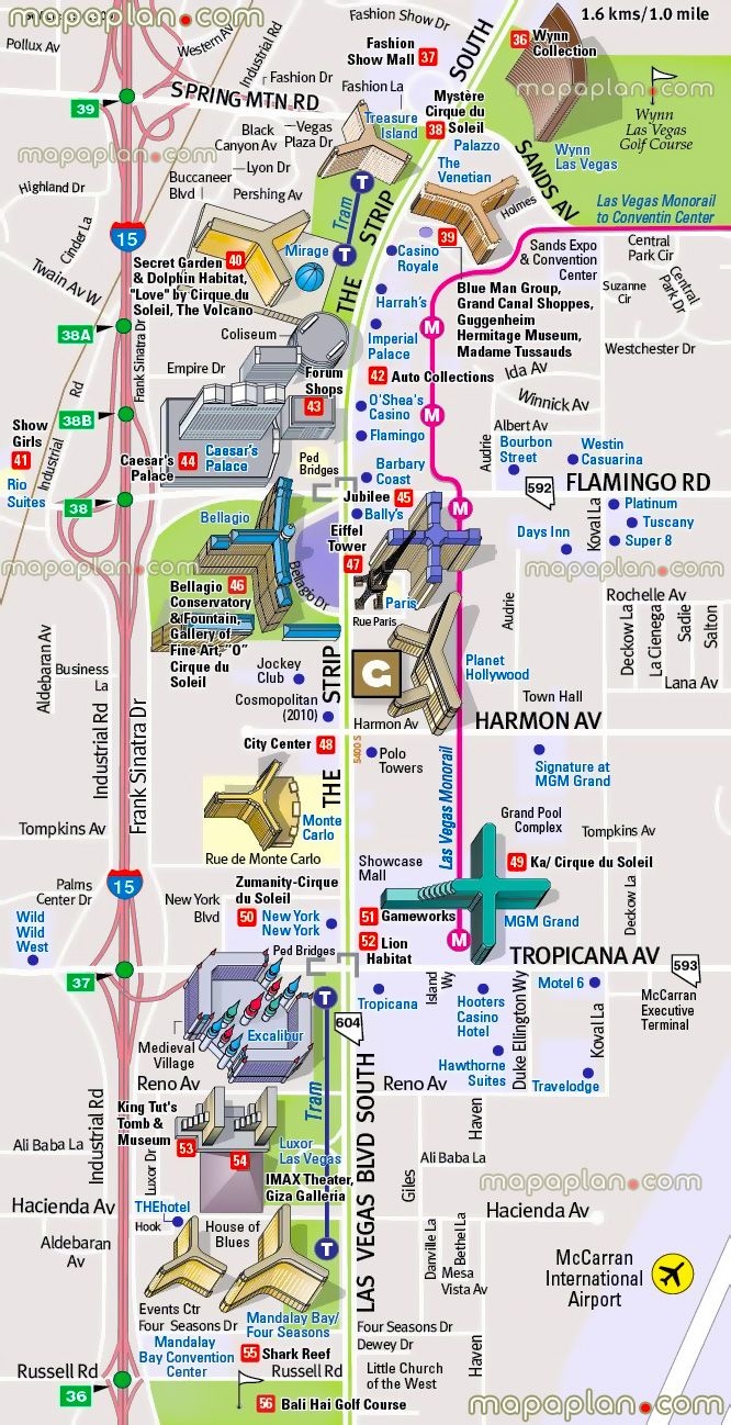 Las Vegas Map Of Things To Do Detailed Road Street Names Plan With Favourite Points Of Interest Boulevard South McCarran International Airport Terminal Frank Sinatra Drive Excalibur Eiffel Tower 