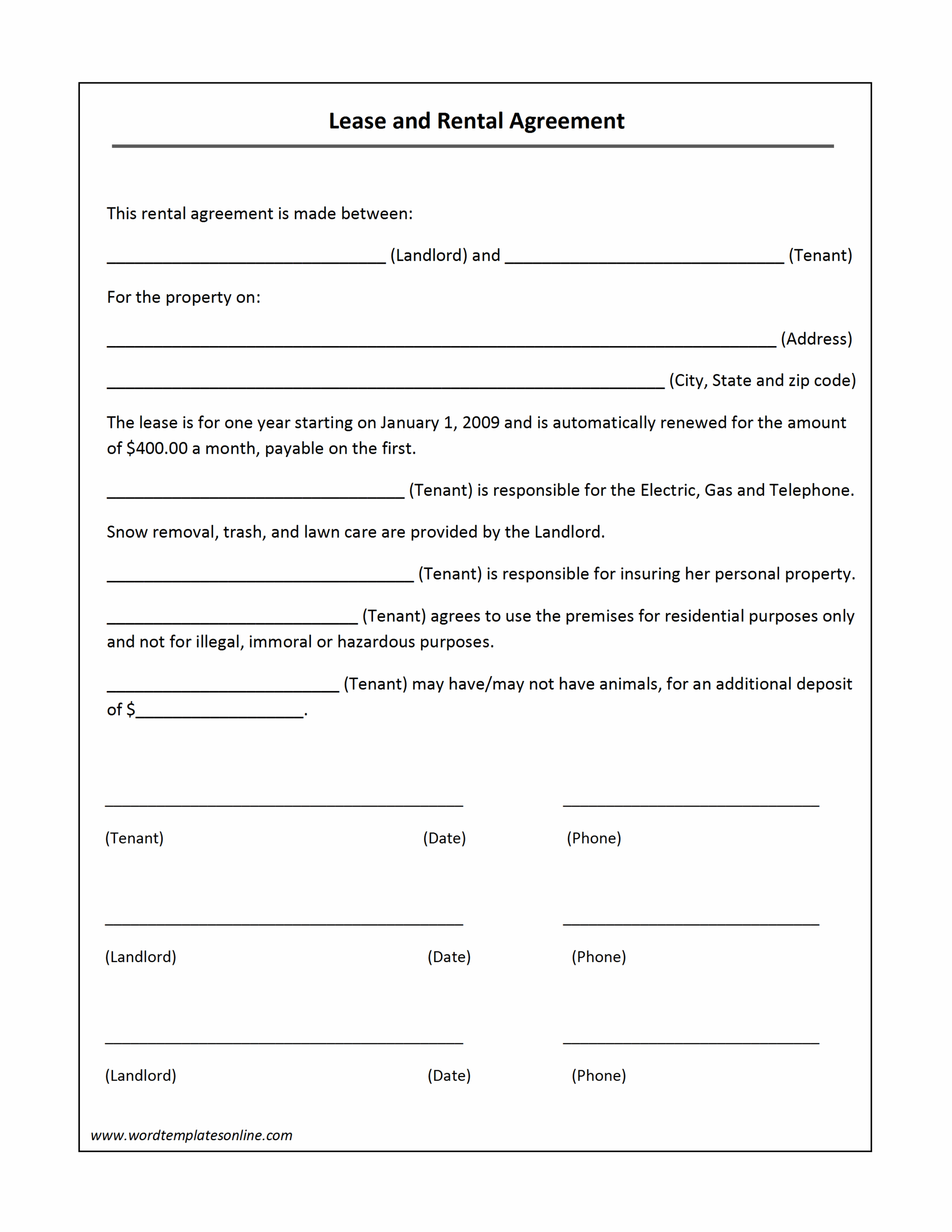 Free Printable Basic Rental Agreement