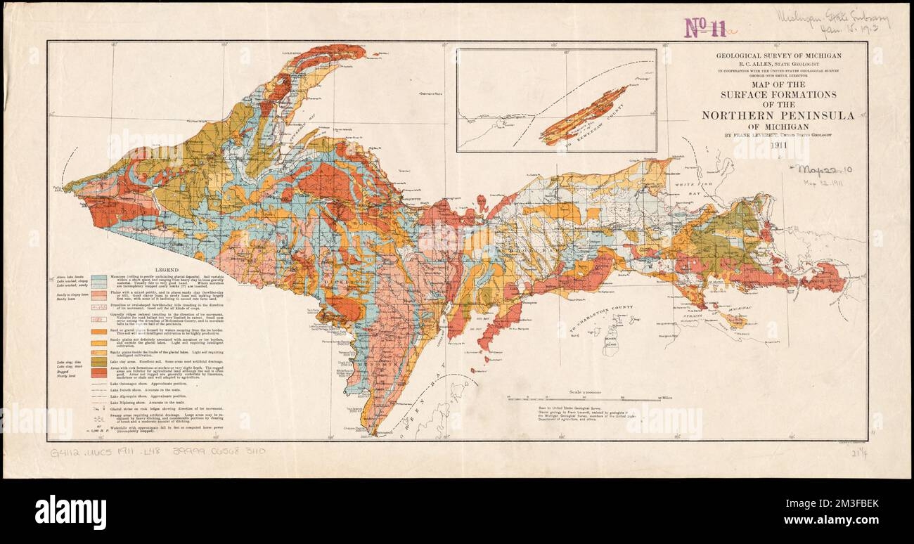 Map Of The Surface Formations Of The Northern Peninsula Of Michigan Geology Michigan Upper Peninsula Maps Land Capability For Agriculture Michigan Upper Peninsula Maps Upper Peninsula Mich Maps Norman B Leventhal