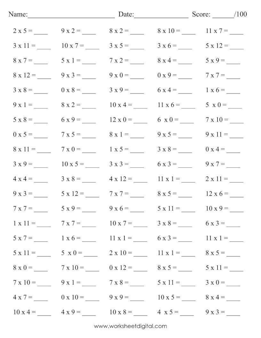 Division Timed Test Printable 0-12