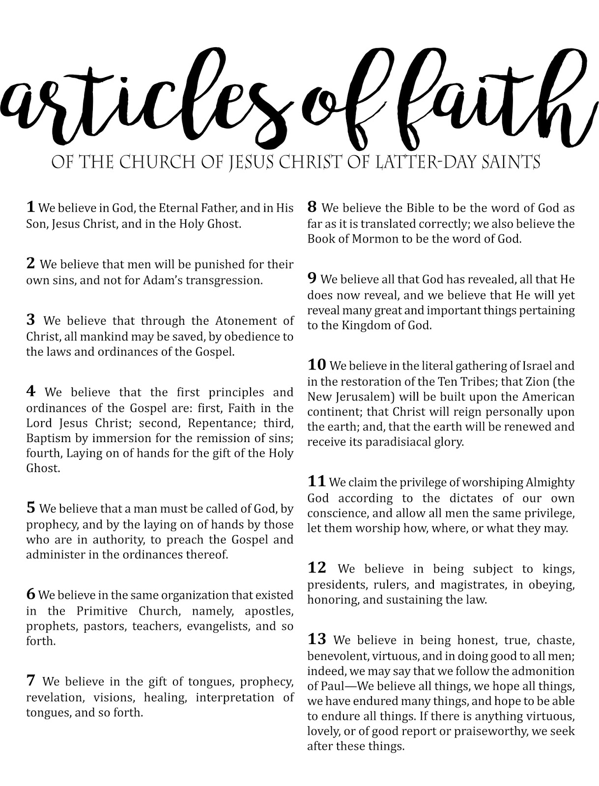 13Th Article Of Faith Printable