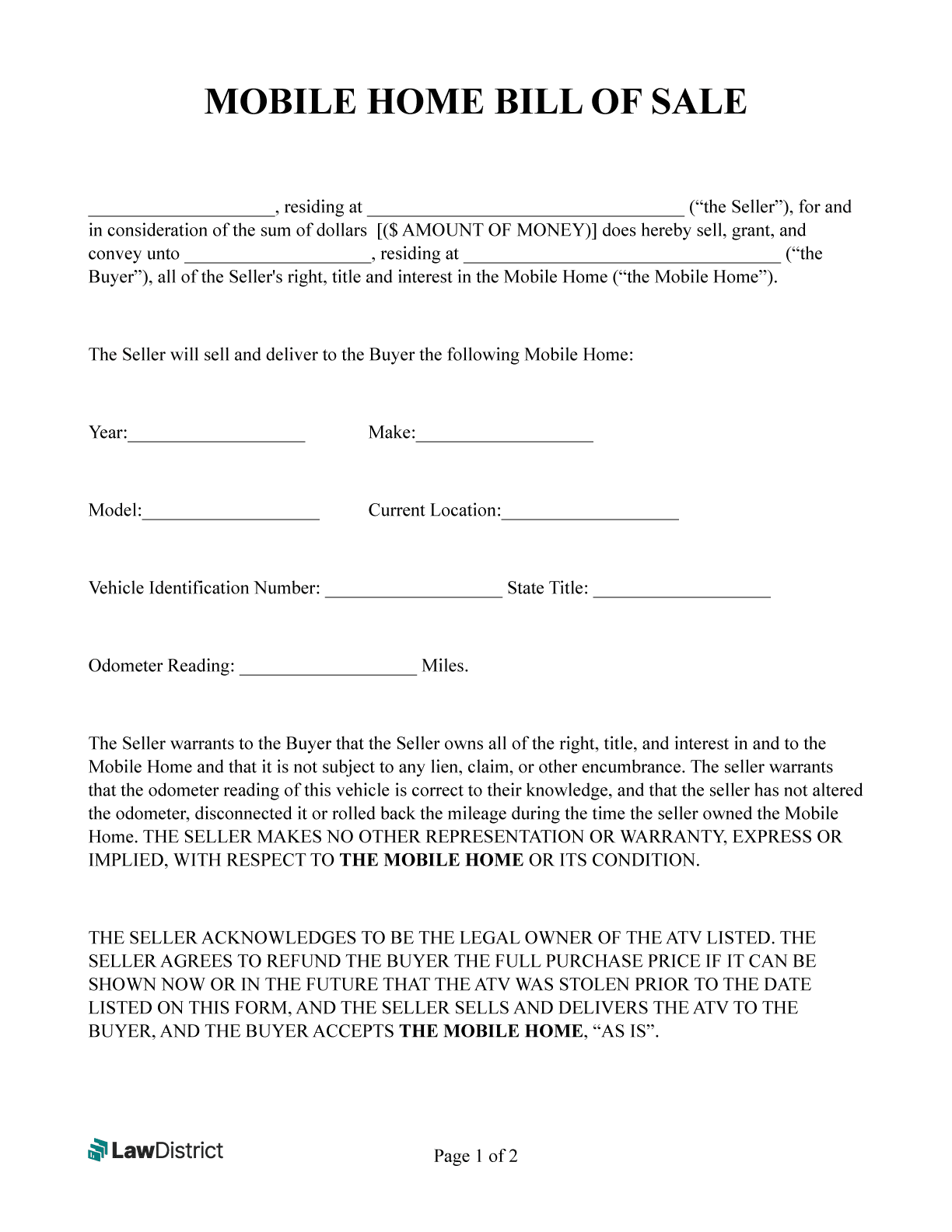 Printable Manufactured Home Bill Of Sale