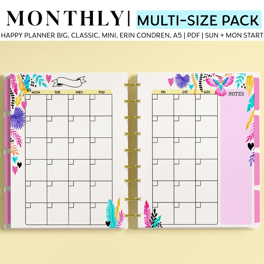 MONTHLY Planner Pages For Happy Planner Classic Big Mini Erin Condren And A5 Size Planners Summer Jungle Printable Planner Pages Etsy