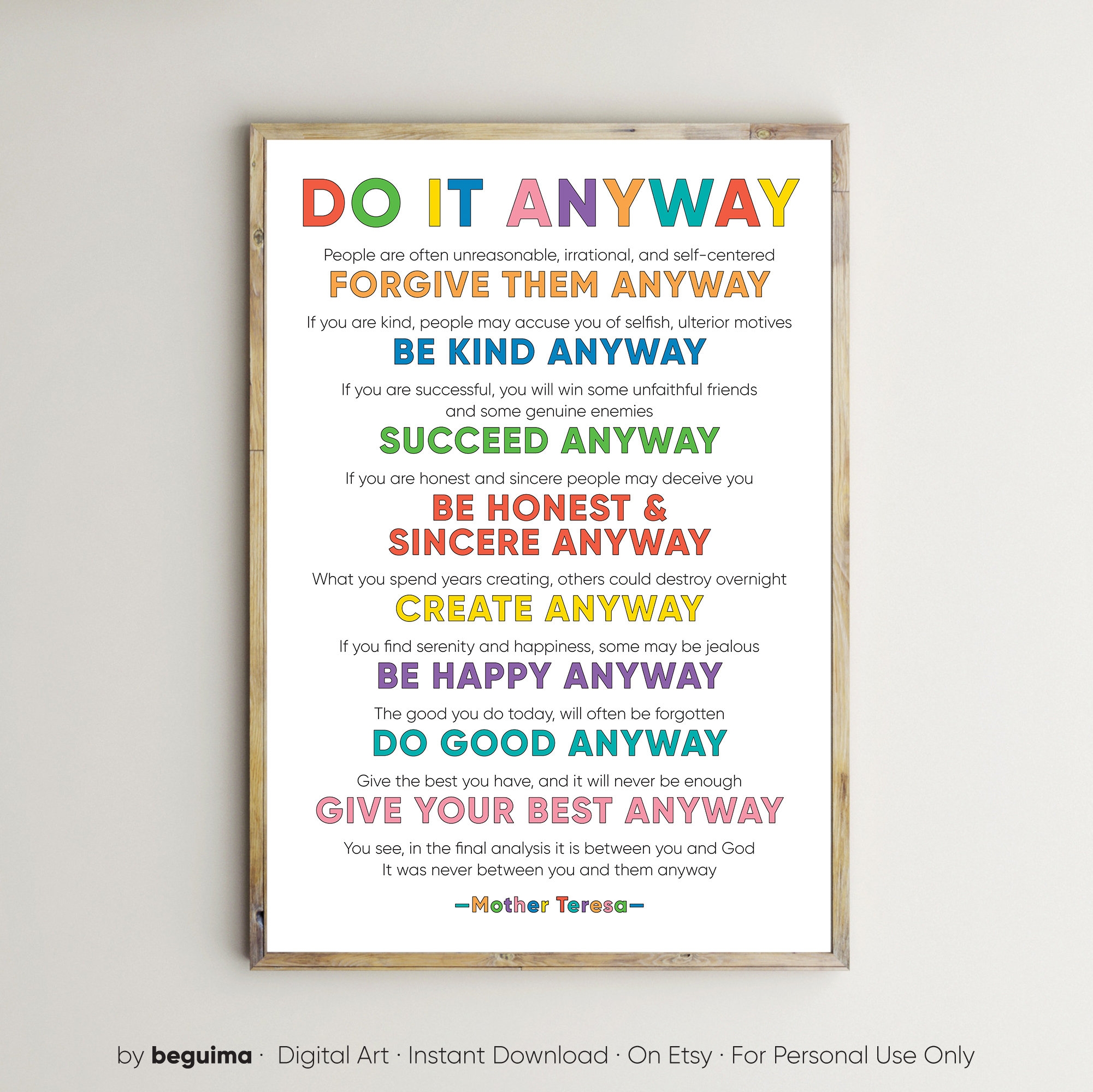Mother Teresa Print do It Anyway inspirational Quotes poster wall Decor Printable Wall Art inspiring Words typography text digital Download Etsy Israel