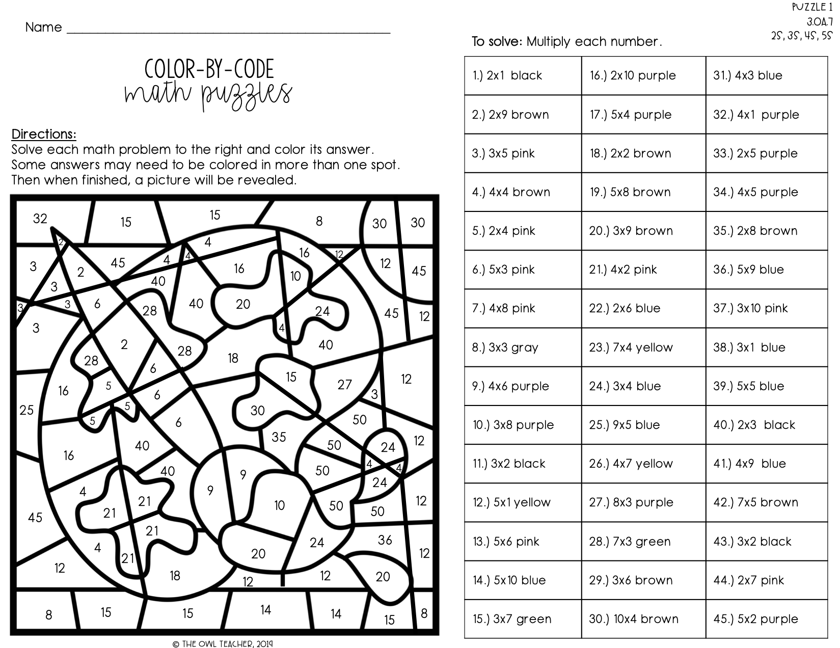 Multiplication Facts Color By Number Color By Code The Owl Teacher