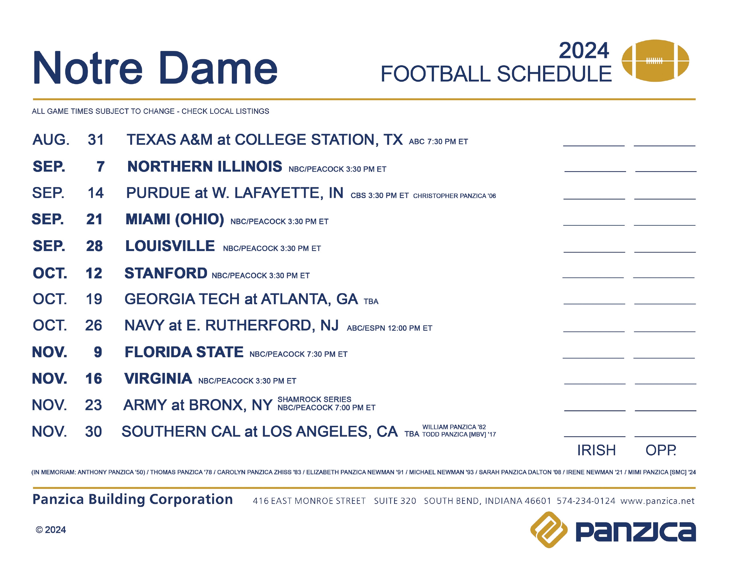 Notre Dame Football Schedule Panzica Building Corporation