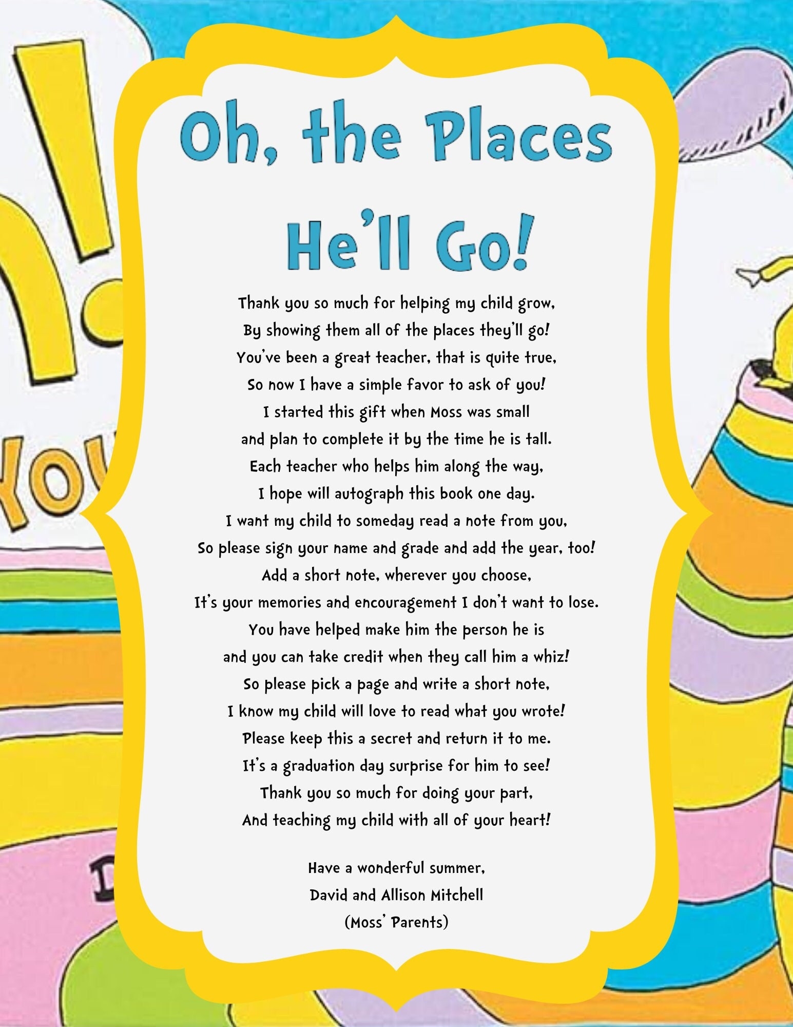 Oh The Place s You ll Go Teacher Instruction Card Etsy