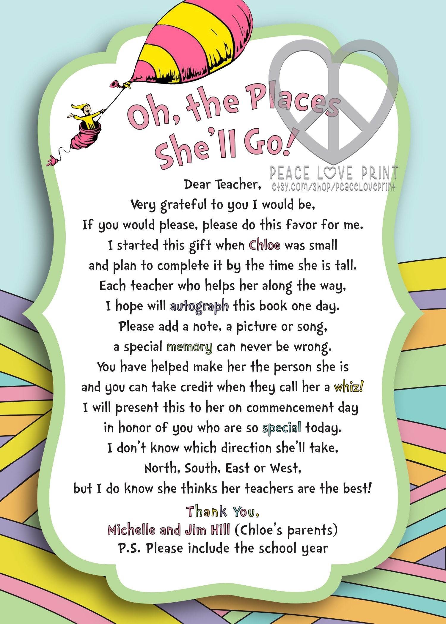 Oh The Places You ll Go Instruction Card For Teachers To Sign Book digital File Etsy
