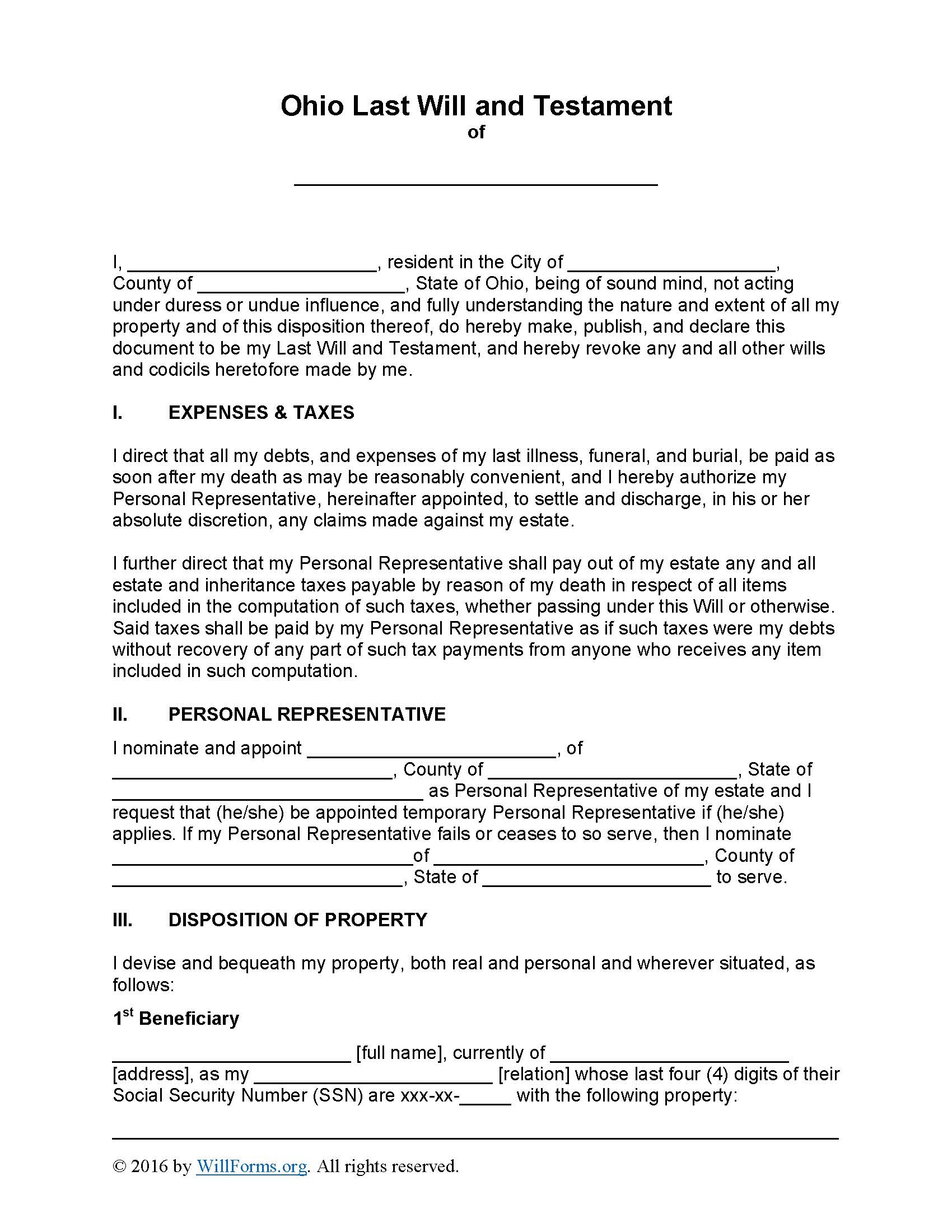 Free Printable Last Will And Testament  Ohio